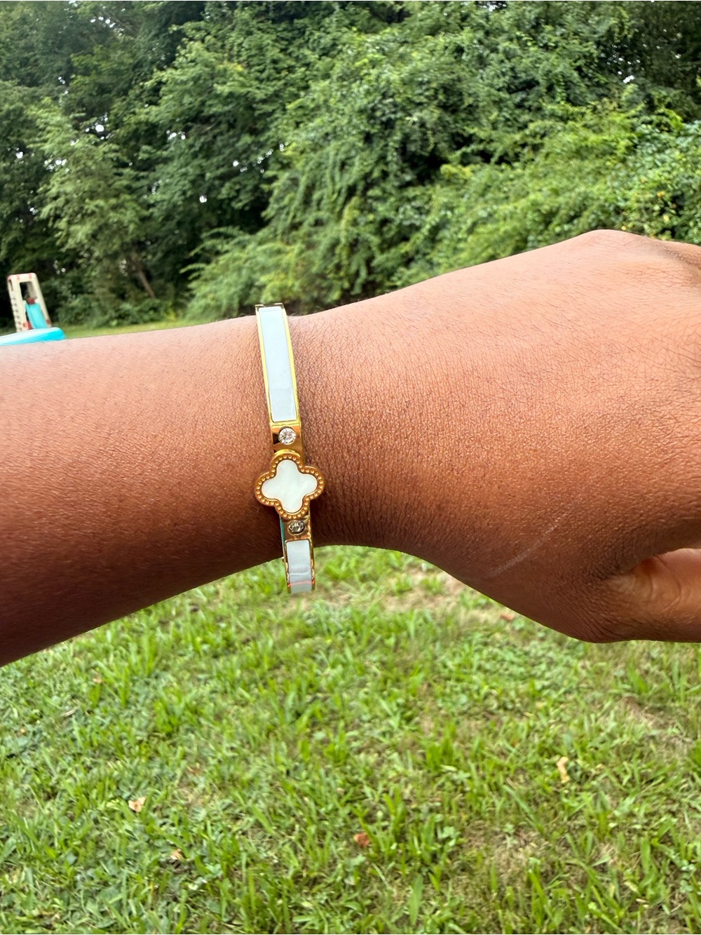 Gold and White Clover Bangle Bracelet - Women Jewelry